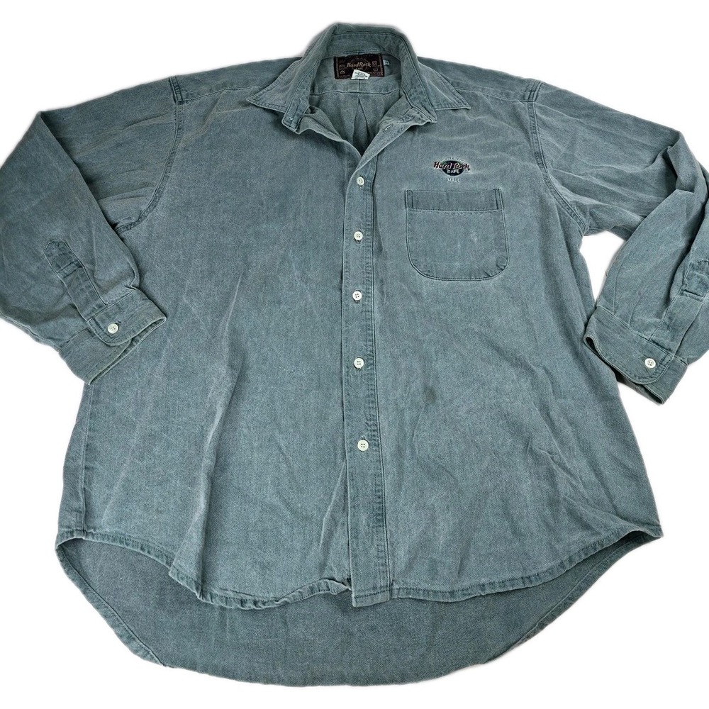 Vintage Hard Rock Cafe Shirt Mens Large Denim Button Up Maui Embroidered‎ 90s
